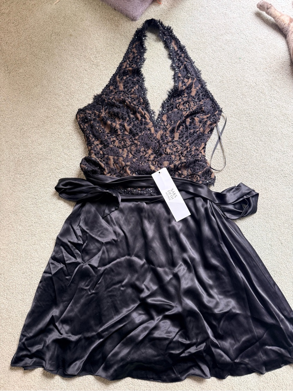 Tadashi Shoji Black Lace Halter Satin Skirt Cocktail Dress
